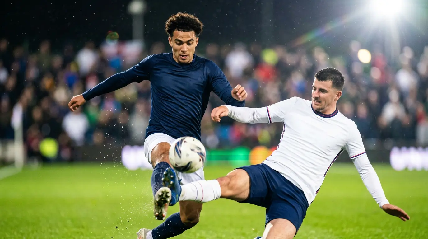 Joueurs d'une équipe nationale de football en pleine action lors d'un match nocturne du Mondial 2026