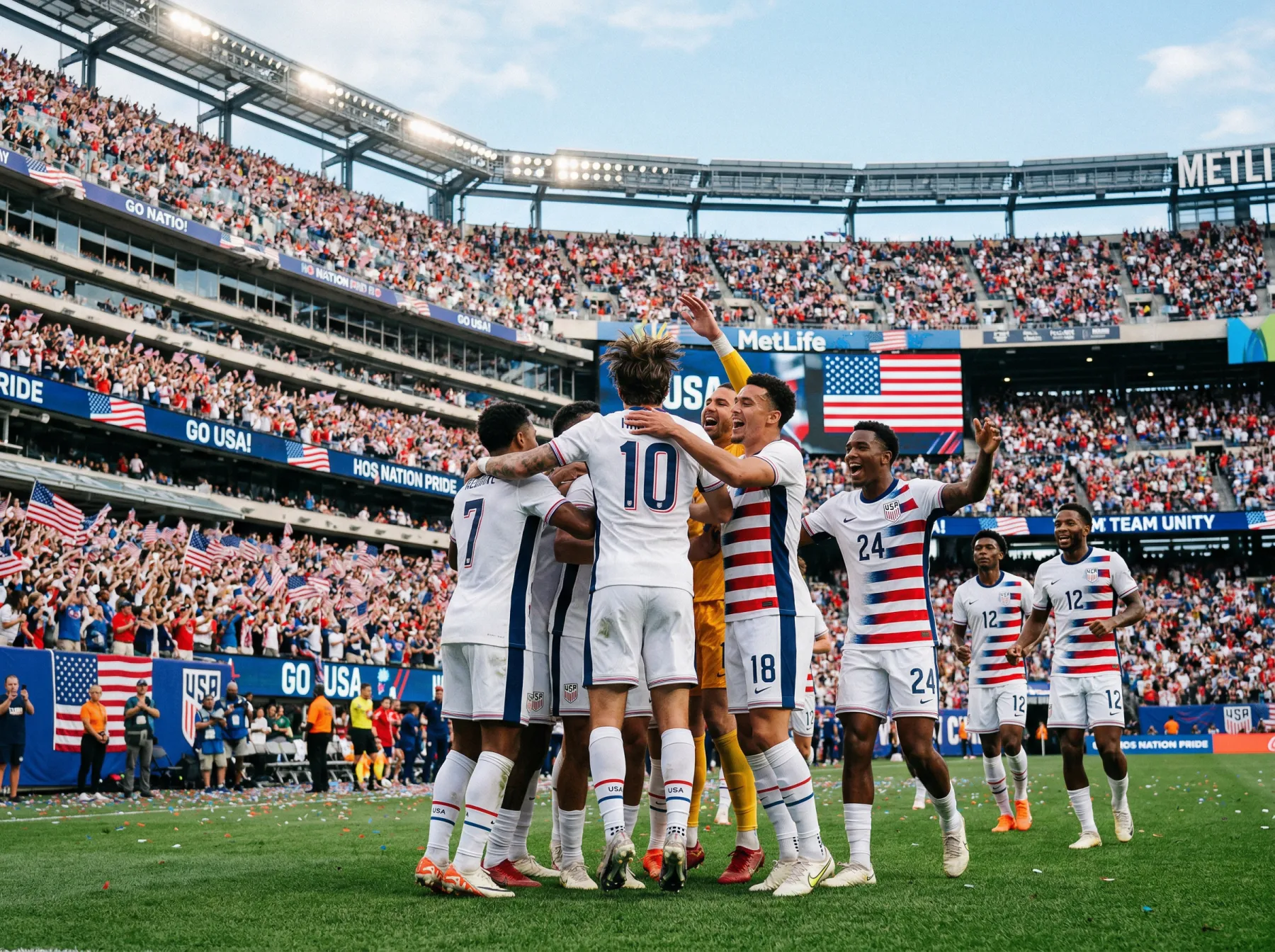 L'équipe nationale des États-Unis célébrant lors d'un match de préparation pour la Coupe du Monde 2026